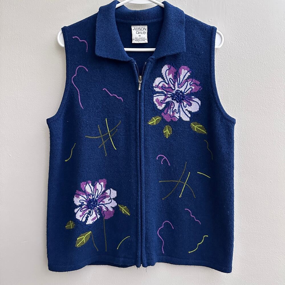 Allison Daley Knit Full Zip Sweater Vest Floral Embroidered Cottage Boho MEDIUM